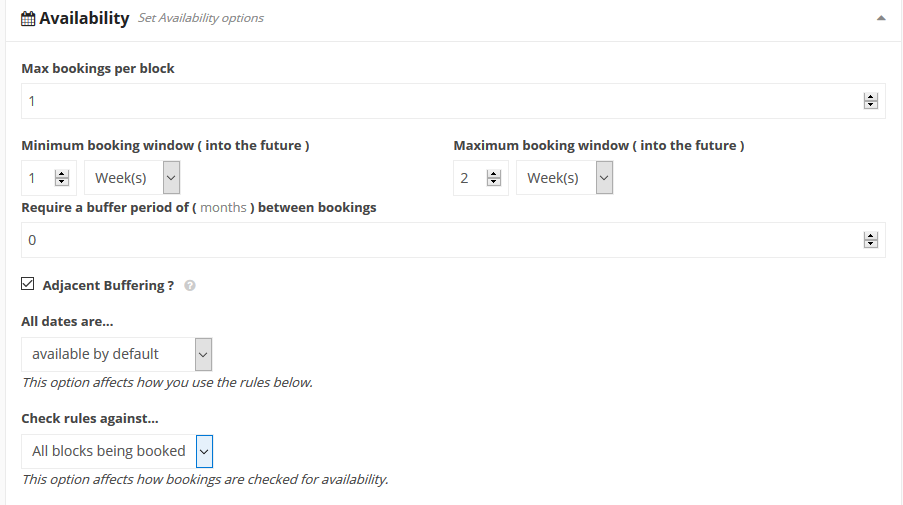A screenshot of the Dokan booking availability options