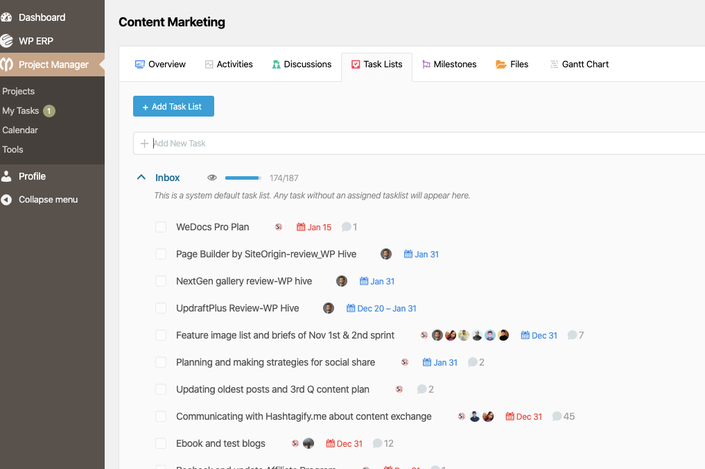 WP project manager Gantt Chart