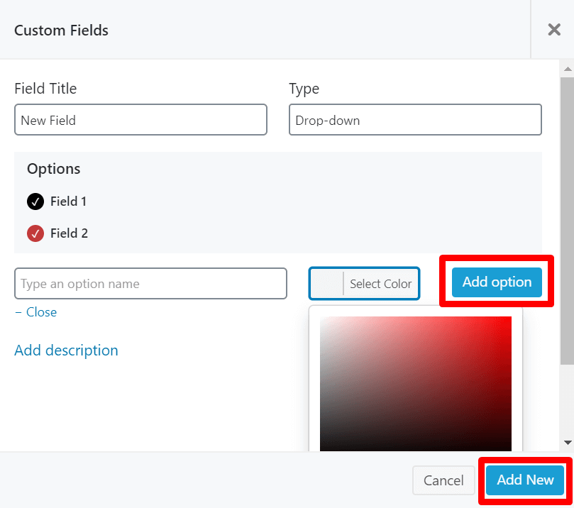 Fields for drop down box