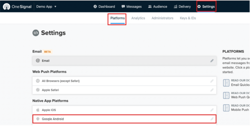 This image shows Google Android option on OneSignal dashboard 