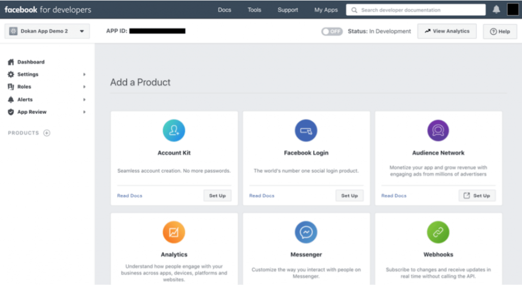 This image shows the Facebook for Developers dashboard