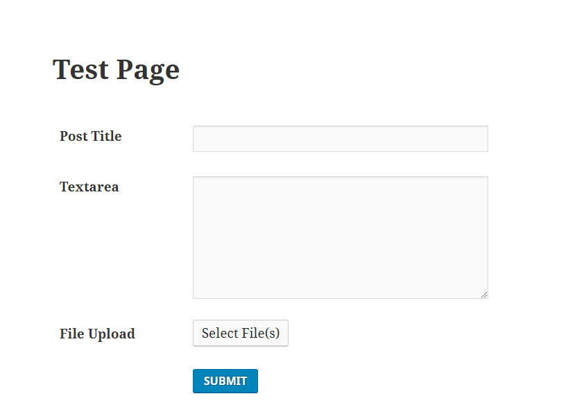 A screenshot showing the test page view of a submission form using WPUF