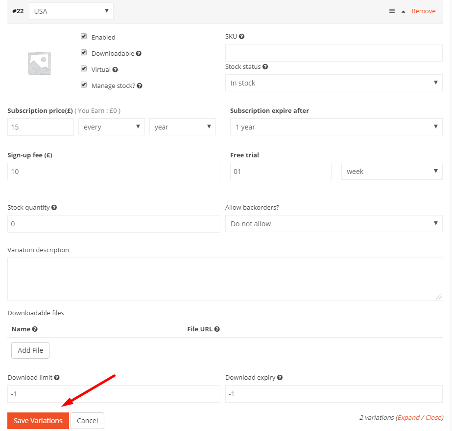 A screenshot of attributes vendor subscription product