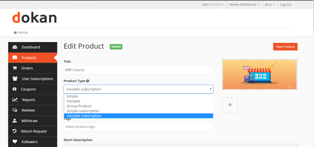 A screenshot of variable subscription vendor subscription product