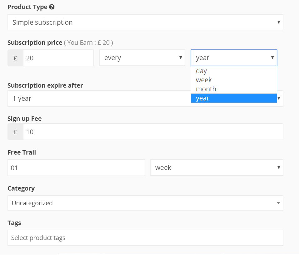 This is a screenshot of simple subscription fields vendor subscription product