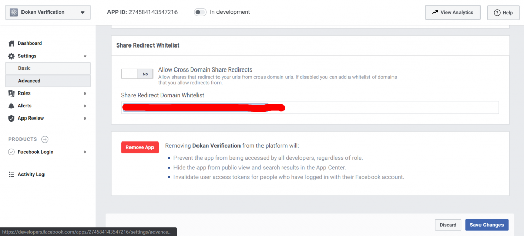 this is a screenshot of the dokan-facebook-verification-app-settings-advanced