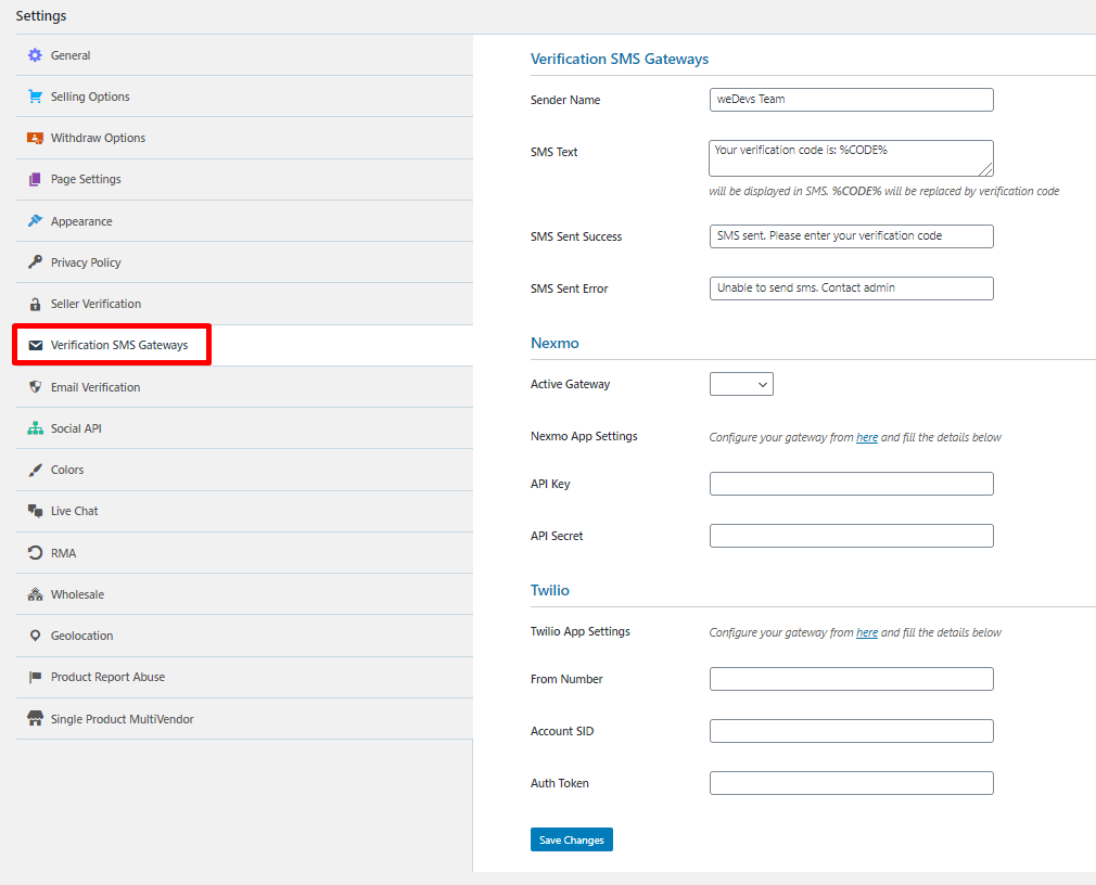 this is a screenshot of the SMS Gateway Settings