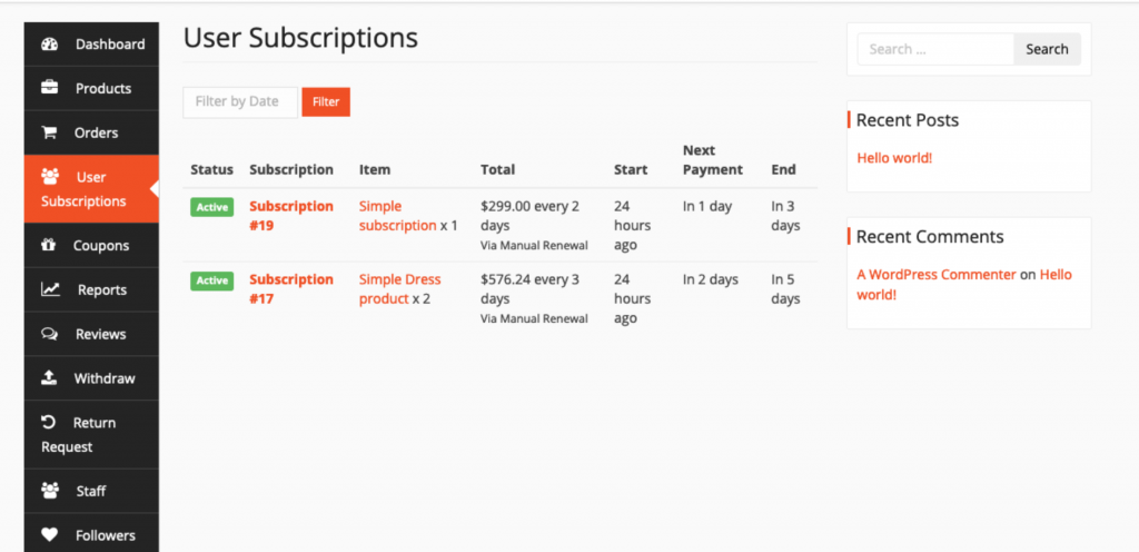 this is a screenshot of  User Subscriptions