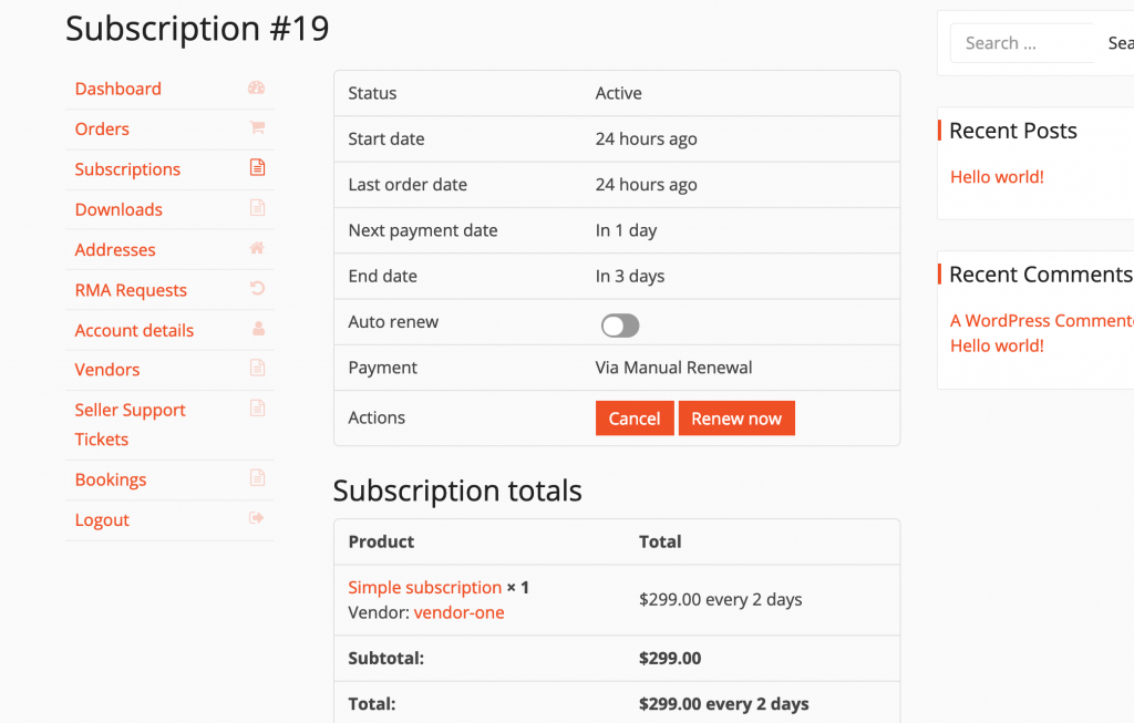 This is a screenshot of View Details page of subscriptions