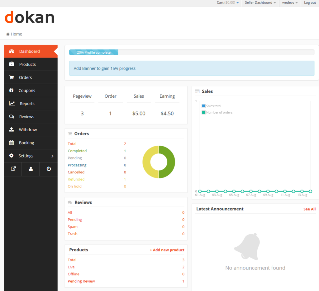 A screenshot of dokan vendor dashboard