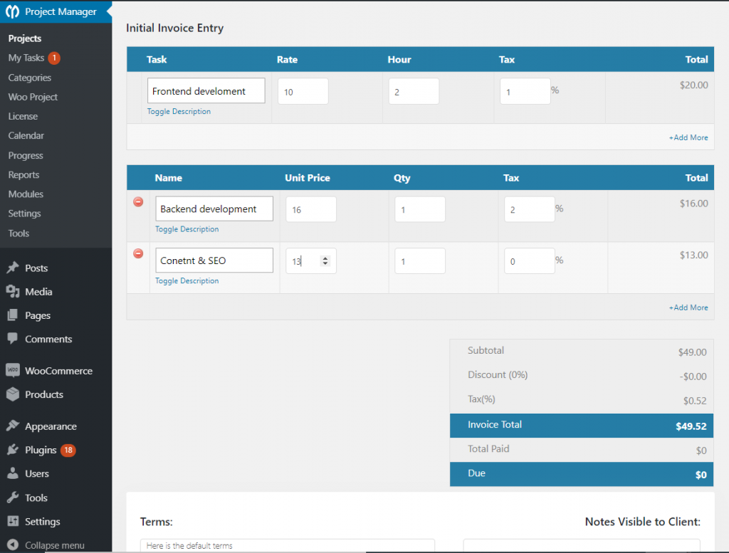 initial entry woocommerce order module