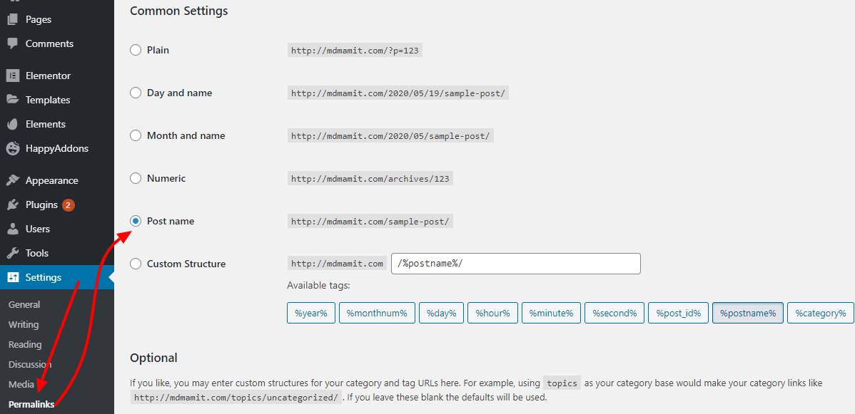 This is a screenshot of the Permalink Setting of WordPress dashboard