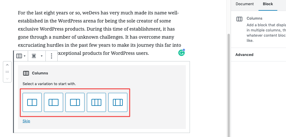 create column post with gutenberg