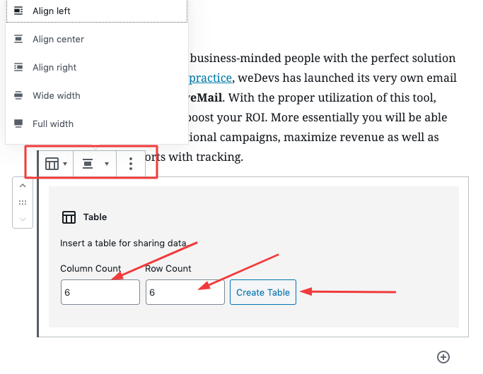 creating table in WordPress editor