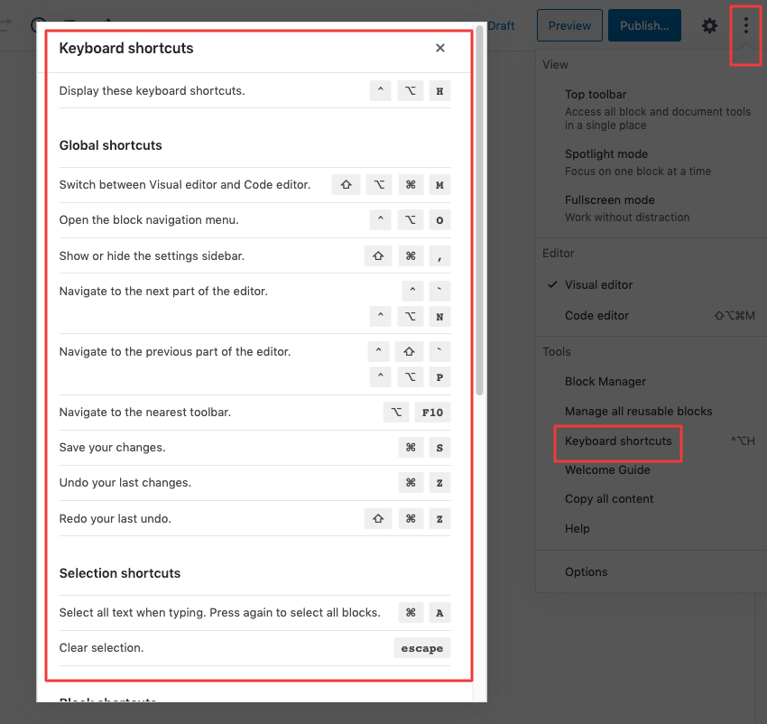 keybard shortcuts in WordPress editor