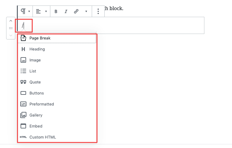 using slash to inset new blocks