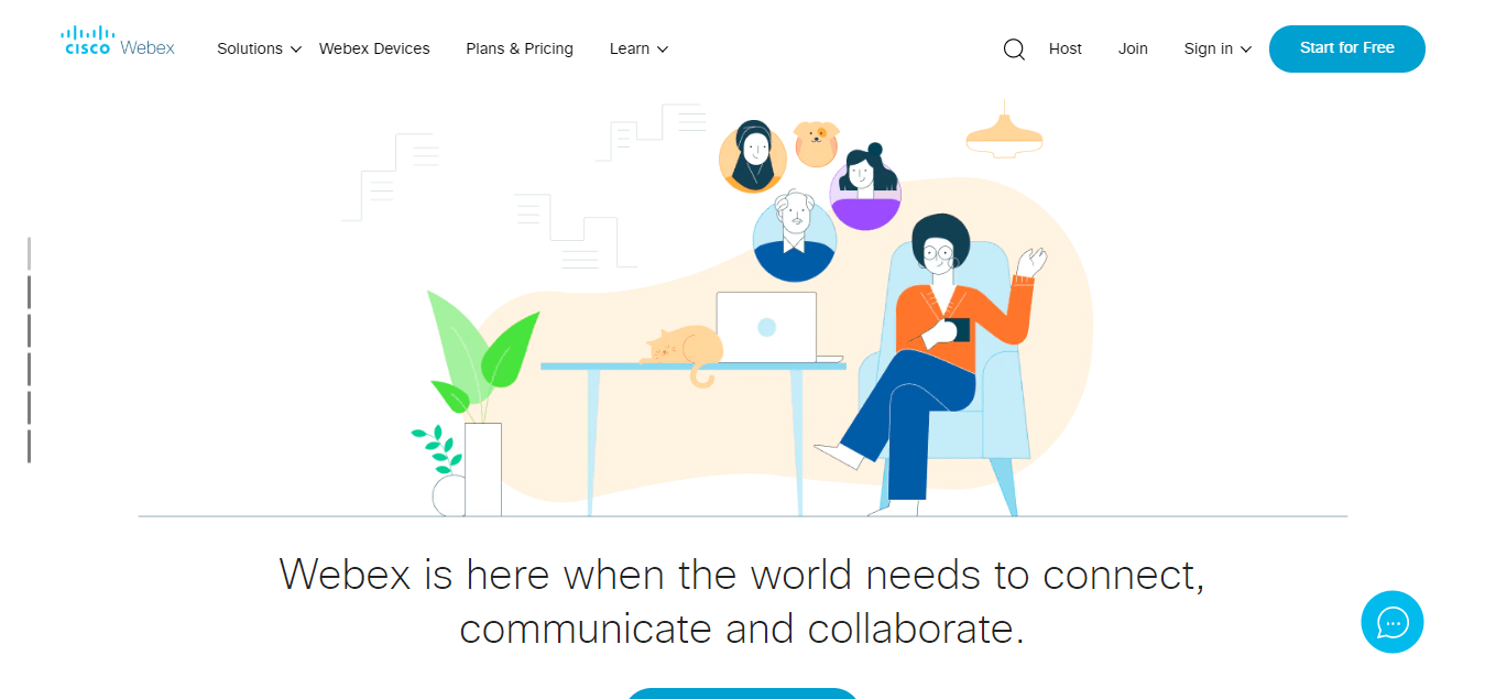 This is a screenshot of the Cisco WebEx free online meeting tool homepage