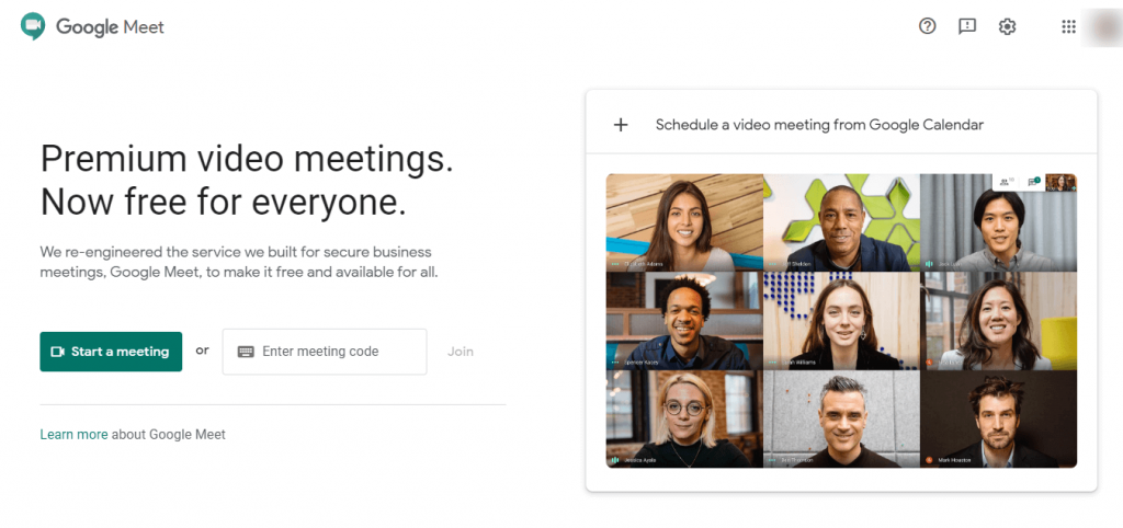 This is a screenshot of the Google meet online meeting tool homepage