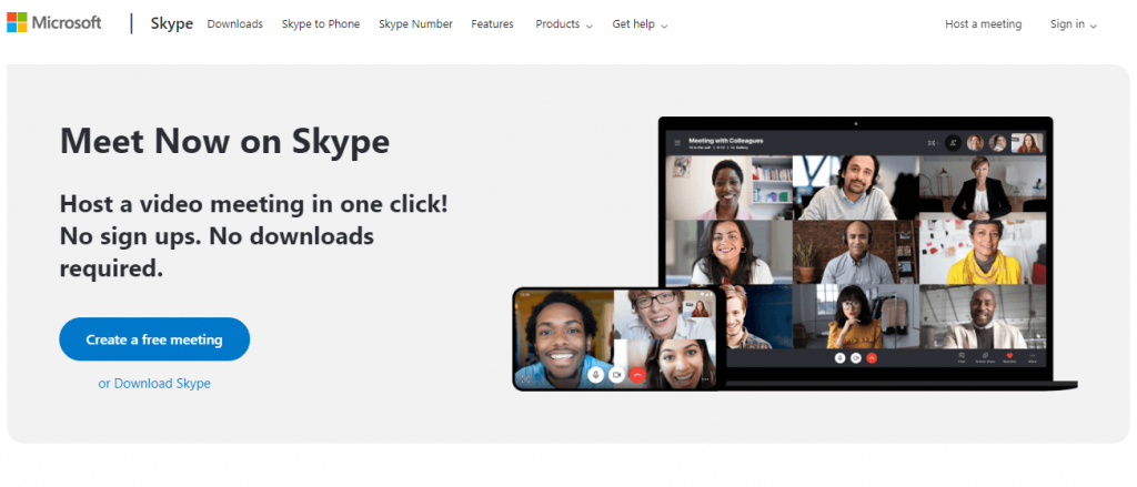 This is a screenshot of the Skype free online meeting tool homepage