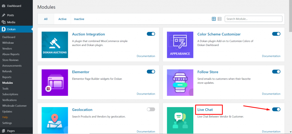 enable dokan live chat module
