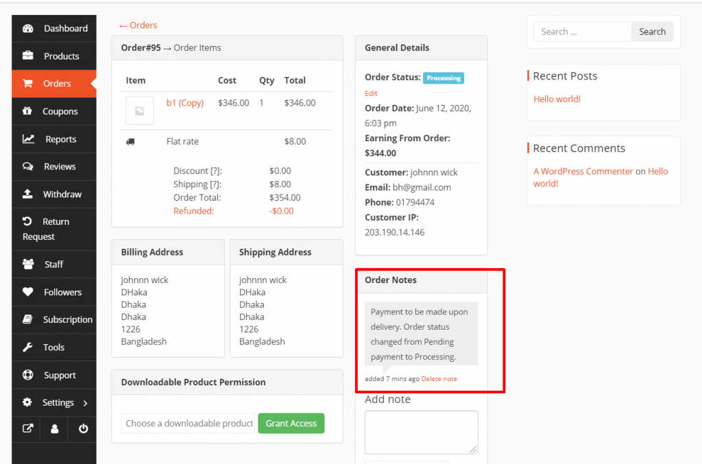 This image shows Dokan order note