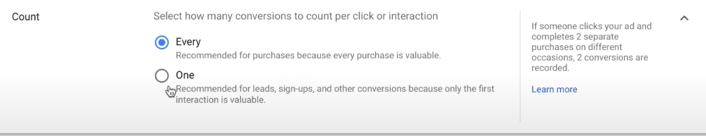 Conversion count for Google ads