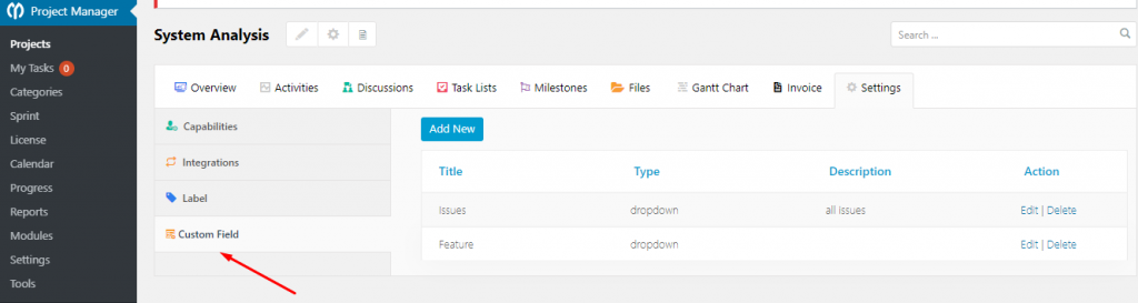 Custom Field with wp project manager