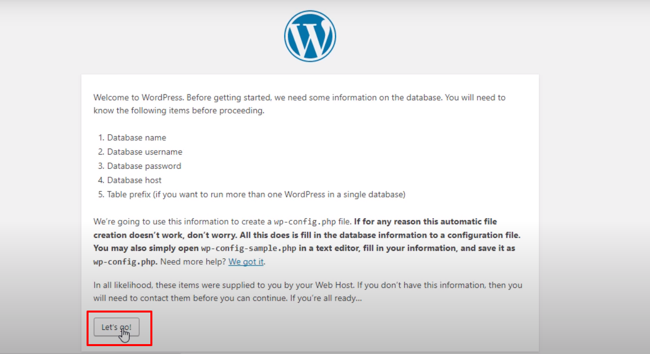 This image shows the customization part of the WordPress installation.