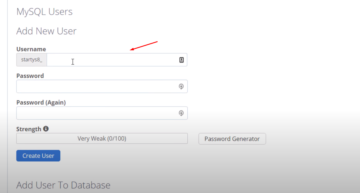 This image shows where to insert username and password to create a MySQL user.