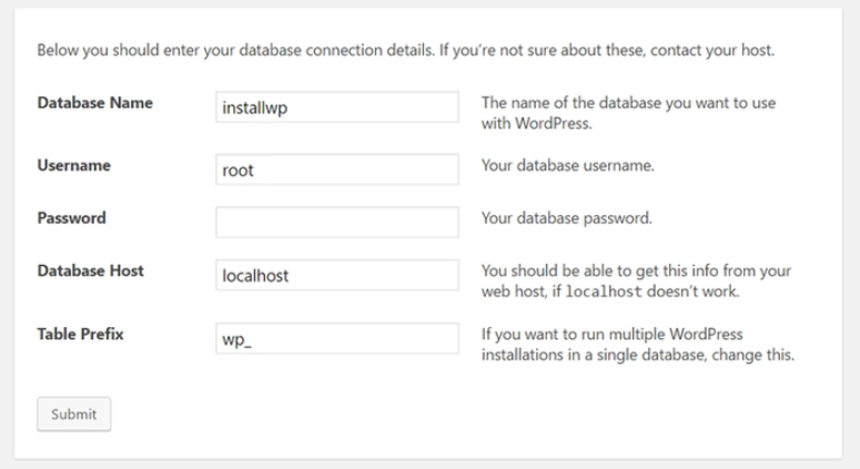 This image shows the customization part of the WordPress installation.