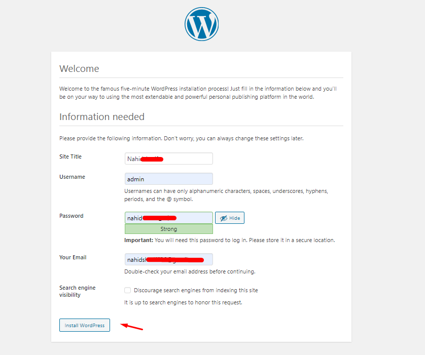 This image shows the customization part of the WordPress installation.