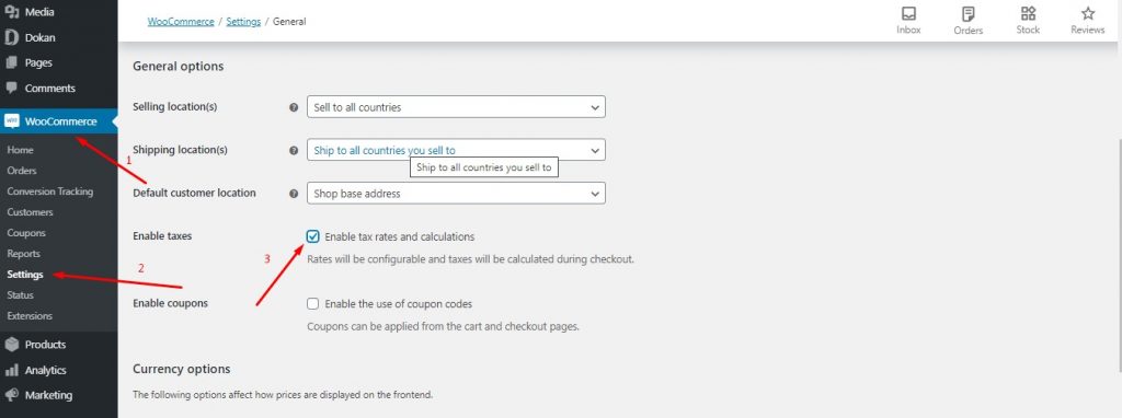 This is a screenshot of the WordPress backend to enable tax rates and calculations from the WooCommerce settings