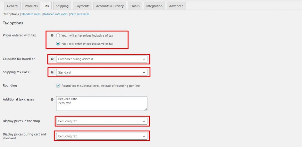 This is a screenshot of WooCommerce tax settings from the WordPress backend