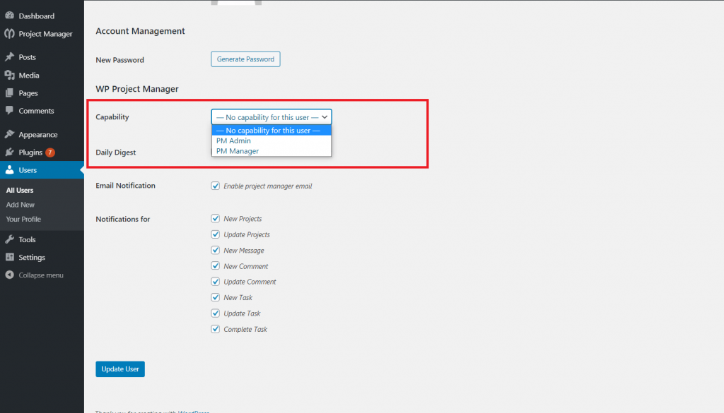 Set new capability in WP Project Manager