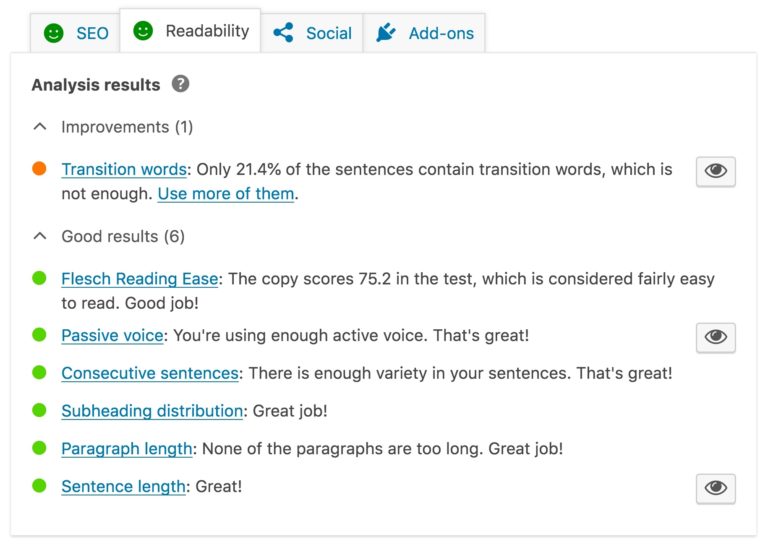 This is the screenshot of Yoast SEO article readability feature