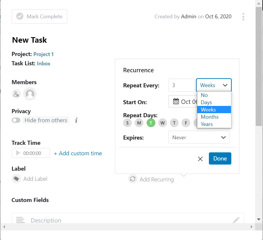 repeat every- Setting up a Recurring Task