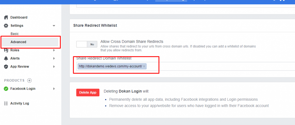 This image shows Redirect domain whitelist