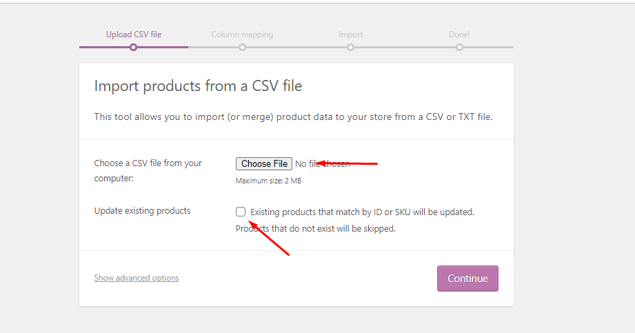 This image shows how to import products as a CSV file