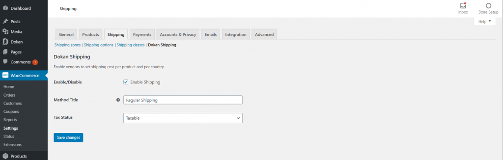 This image shows the Dokan shipping settings from the backend