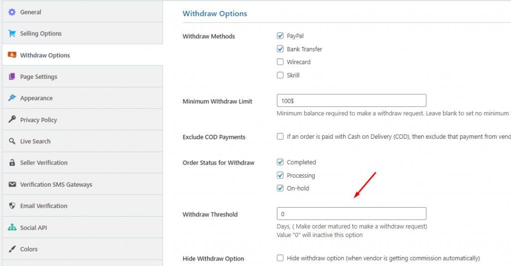 This image shows escrow feature in Dokan plugin