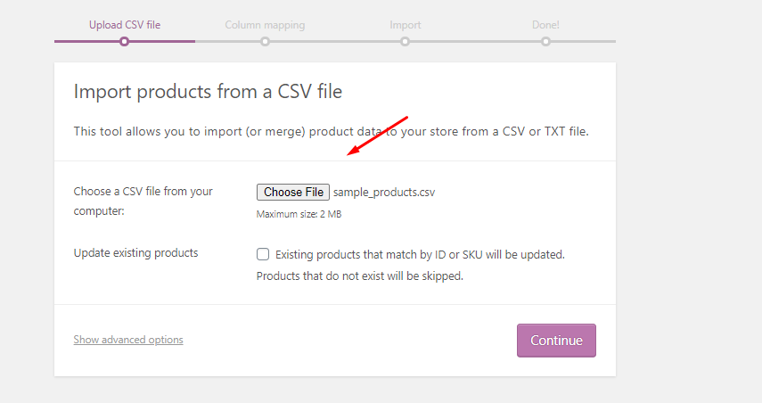 This image shows how to import products as a CSV file