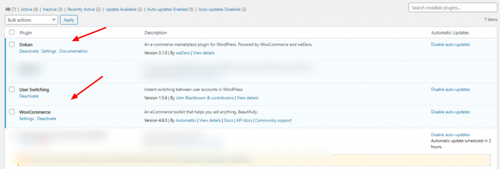 This is a screenshot of the WordPress dashboard active plugins page