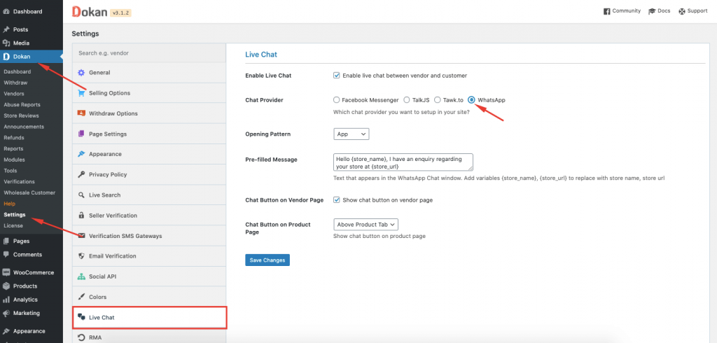 A screenshot on dokan live chat settings page where the user is choosing WhatsApp as their live chat option