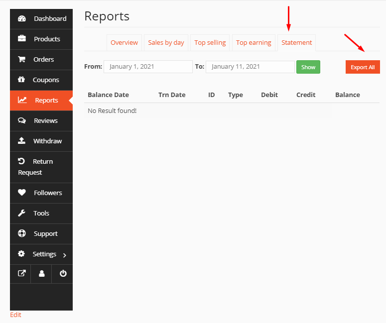 This image shows how to export a vendor's selling report 