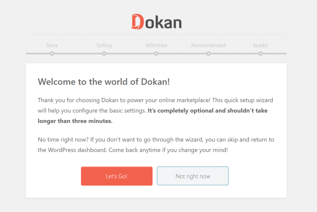 This is a screenshot of the  Dokan setup Wizard