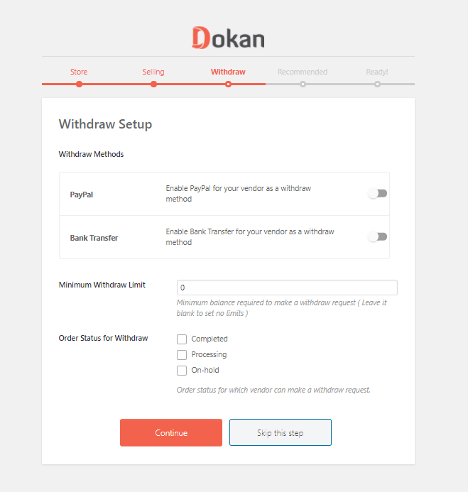 This is a screenshot of the  Dokan withdraw setup