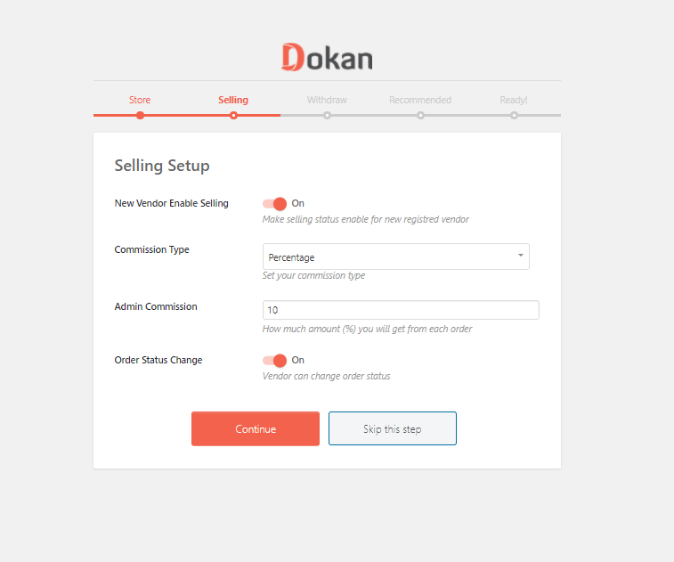 This is a screenshot of the  Dokan Selling Setup