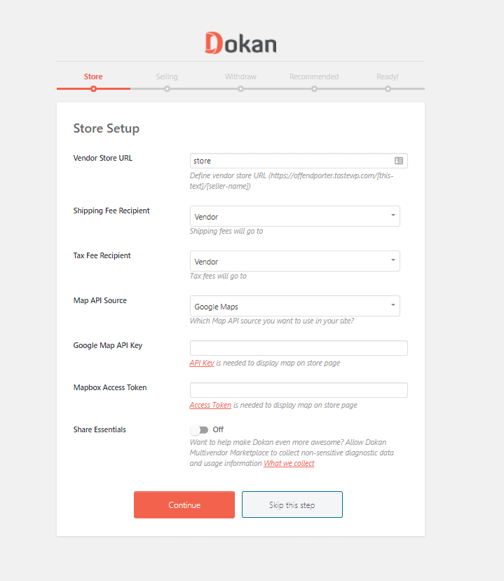 This is a screenshot of the  Dokan Store setup