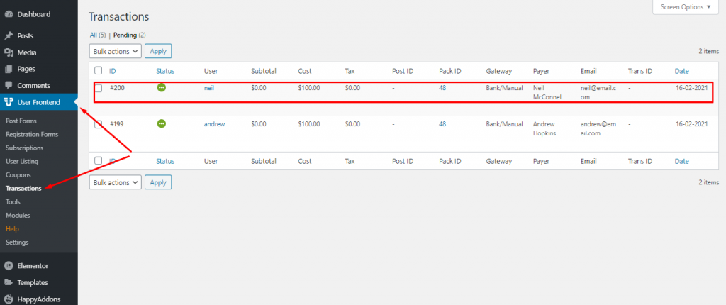 User Frontend Transaction