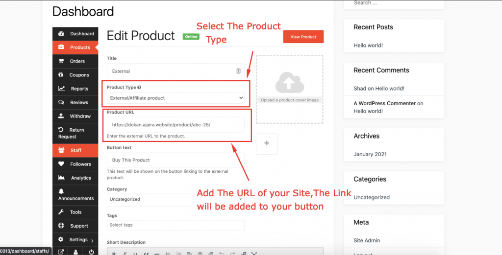 This image shows how to select External Product as a product type 